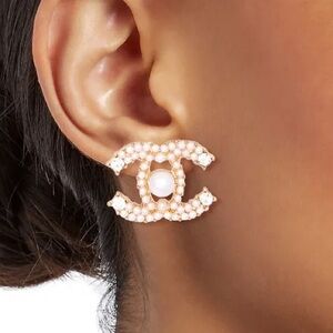 Elegant Pearl and Gold CC Stud Earrings